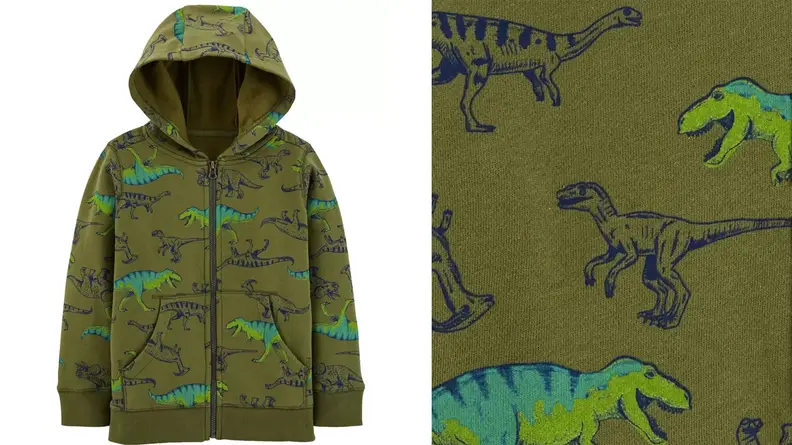 A green hoodie with a dinosaur pattern
