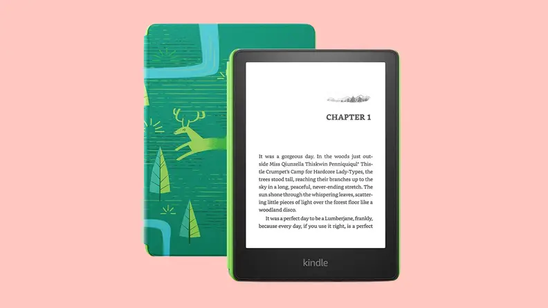 A Kindle tablet on a pink background.