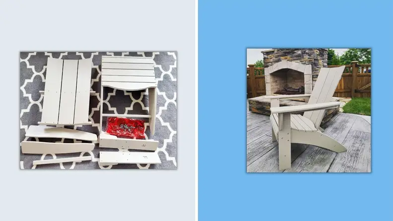 Side-by-side shots of the Polywood Adirondack chair's assembly pieces and the completed chair next to a fireplace.