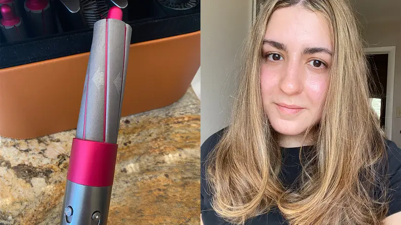 On the left: The Dyson Airwrap Styler's curling attachment with the tool's case in the background. On the right: The author with straight hair that curls at the ends after using the curling attachment.