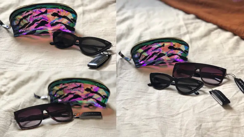 Three images of sunglasses with their cases.