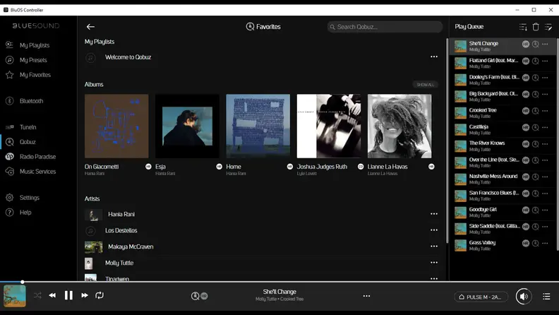 Screenshot from the BluOS app that features various songs, album covers, and an option at the bottom where songs play.