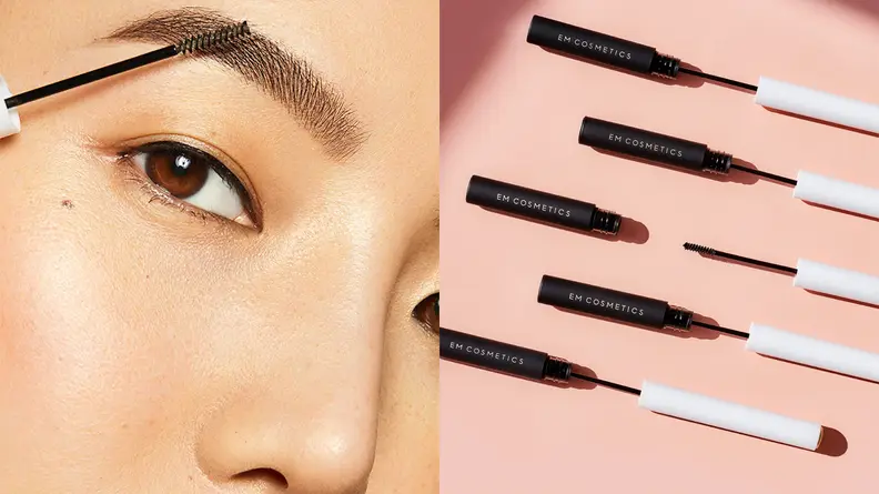 On the left: A closeup on someone's eye with a spoolie held up to their eyebrow. On the right: Several thin tubes of eyebrow gel lay across a pink background.