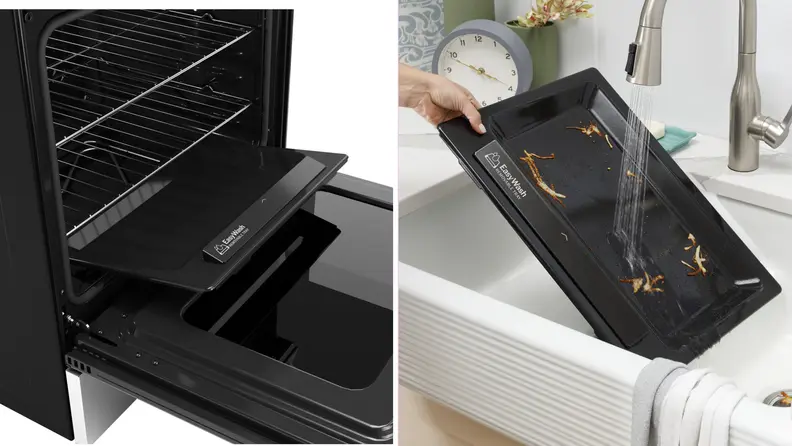 The GE GRS600AVFS open, and its oven bottom being washed in a sink.