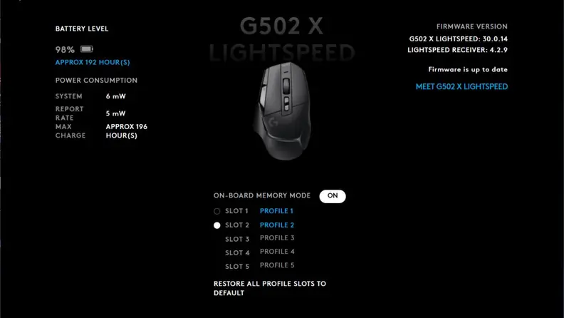 Screenshot of Logitech Lightspeed software that displays battery life and memory mode.