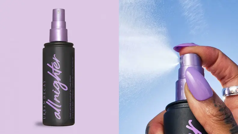 On left, product shot of black and purple bottle of setting spray from Urban Decay in front of purple background. On right, finger spraying setting spray.