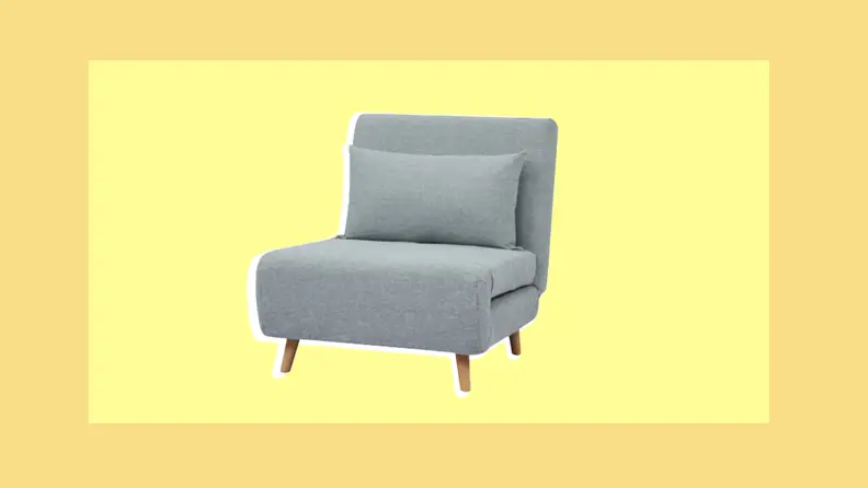 Blue, linen convertible chair that can be placed in a dorm room.