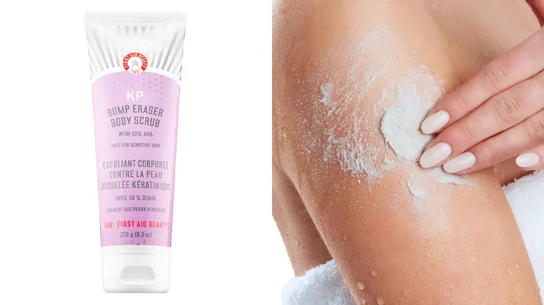 On the left: The purple and silver colored First Aid Beauty KP Bump Eraser Body Scrub with 10% AHA sites on a white background in its tube. On the right: A light-skinned person rubs their right arm with the grey, gritty-looking First Aid Beauty KP Bump Eraser Body Scrub with 10% AHA.