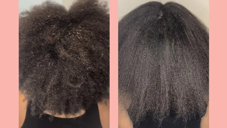 The author's hair before (left) and after (right) using the RevAir against a pink background.