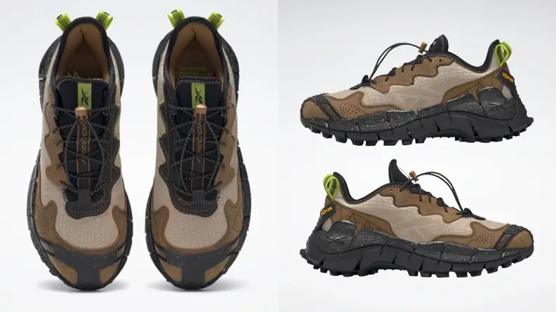 Brown and tan pair of Reebok Zig Kinetica II Edge shoes.