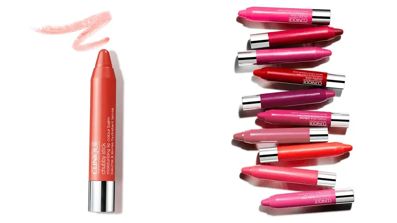 On left, peach colored lip balm stick from Clinique.