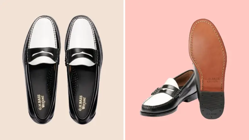 Two views of colorblocked penny loafers.