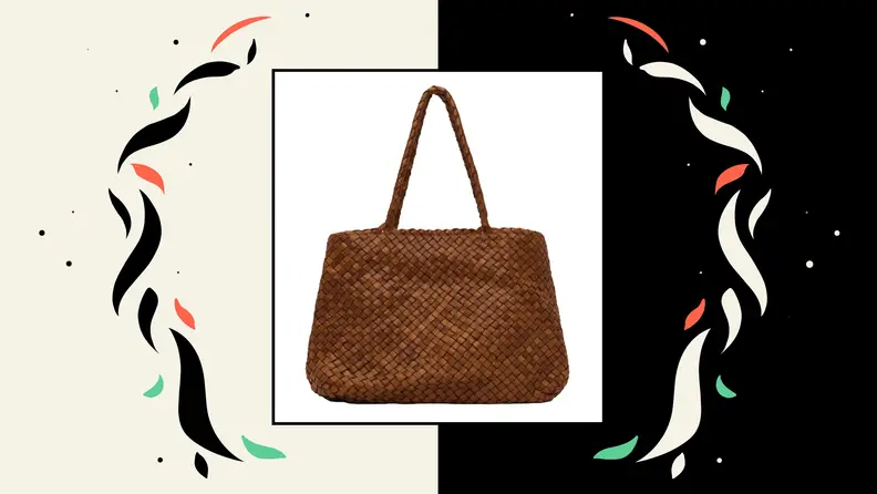 A woven brown leather tote bag.