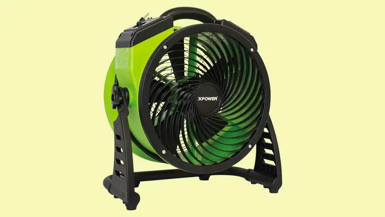 A floor fan appears on a yellow background.