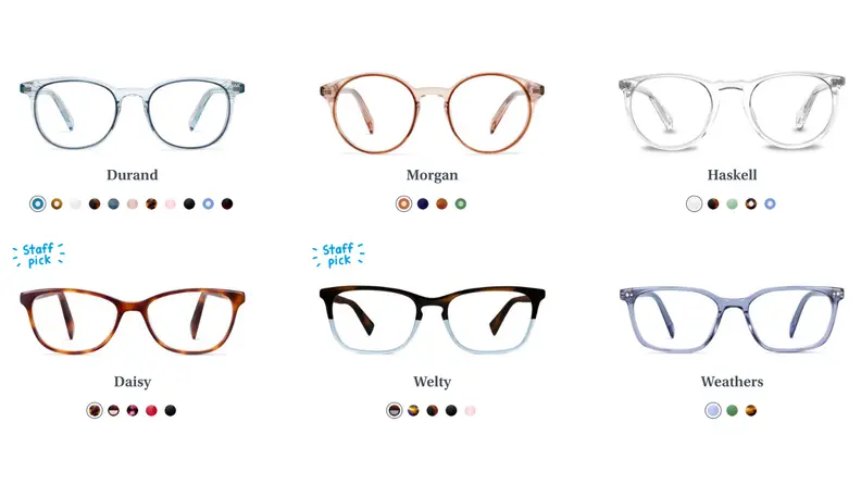 An image of several frame options from Warby Parker.
