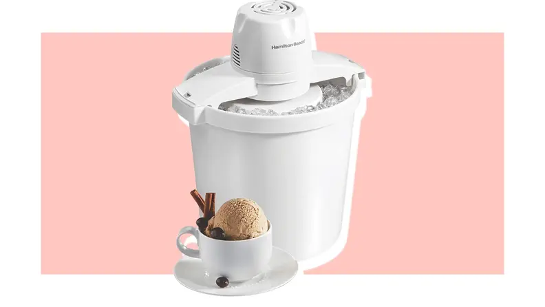 Hamilton Beach Electric Automatic Ice Cream Maker on a pink background