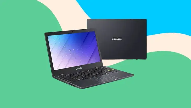 The Asus L210 laptop in front of an artistic background.
