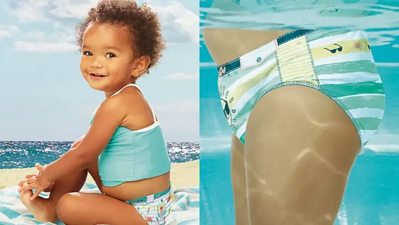 A side-by-side of two children wearing pampers splashers.