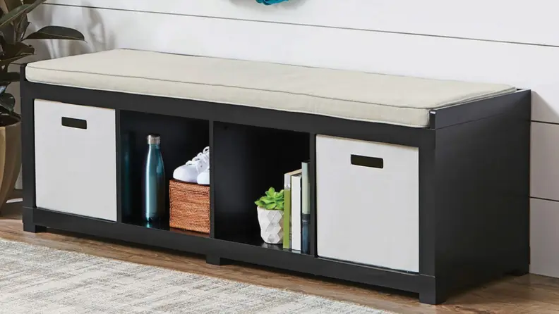 A four-cube organizer storage bench is a great addition to a mudroom—you can sit on it and store your shoes in it.