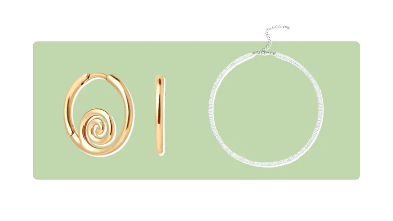 hoop earrings, white puka shell necklace
