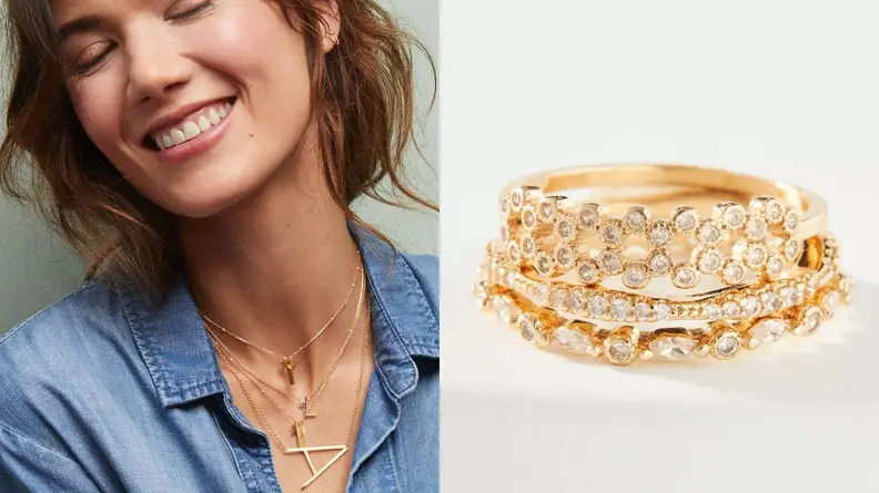 On the left, a smiling model in a denim overshirt wears several golden necklaces. To the right, a piece of jewelry is shown in close-up, emphasizing its many small diamonds.