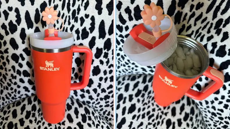 Side-by-side pictures of the Stanley Quencher H2.0 Flowstate Tumbler  with the lid on and another shot without it, showing ice and a drink inside.