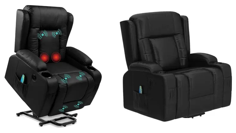 A black Best Choice recliner in the raised and seated positions.