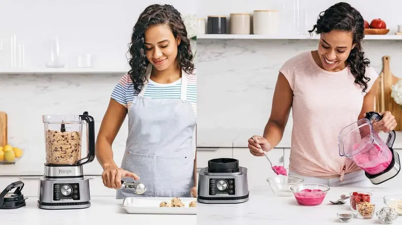 Women in kitchen blending smoothies