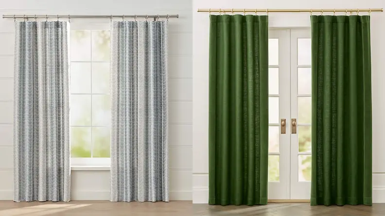A split image of curtains from Crate & Barrel, one of the best places to buy curtains online.