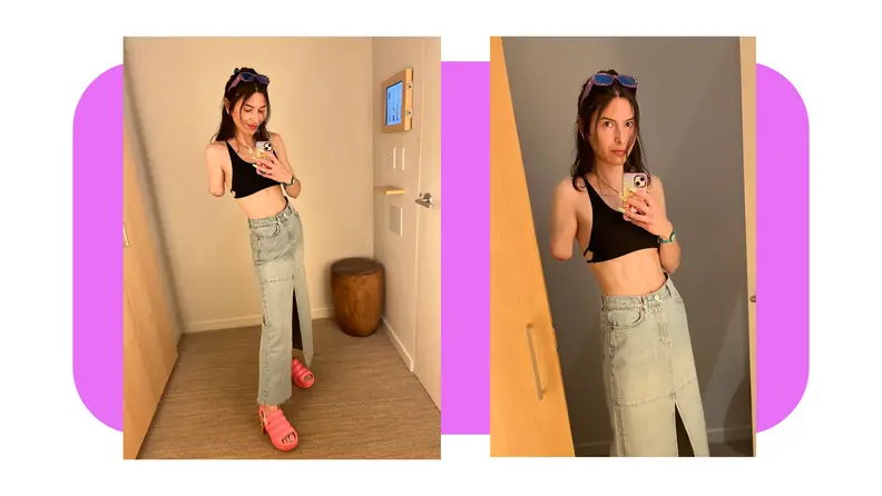 Person trying on the Reformation Tazz Maxi Denim Skirt in dressing room.