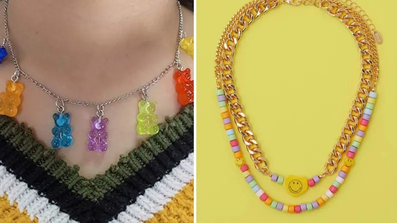 A split of a woman wearing a rainbow gummy bear charm necklace and a colorful rainbow beaded necklace on a bright yellow backgroud