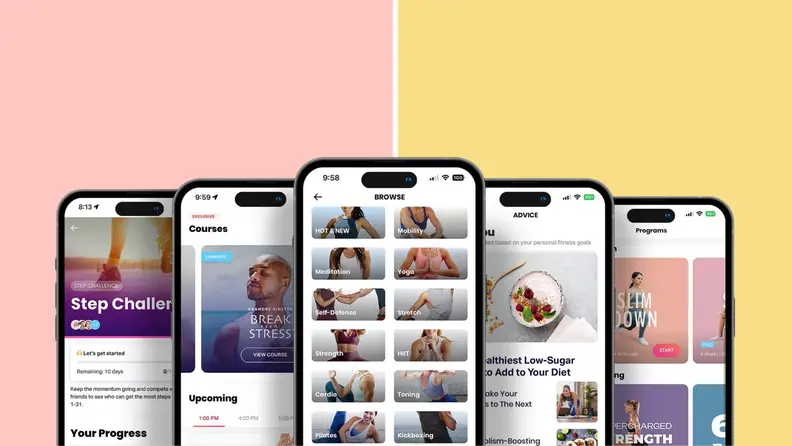 Five different smarts phones side-by-side, featuring the FitOn app.