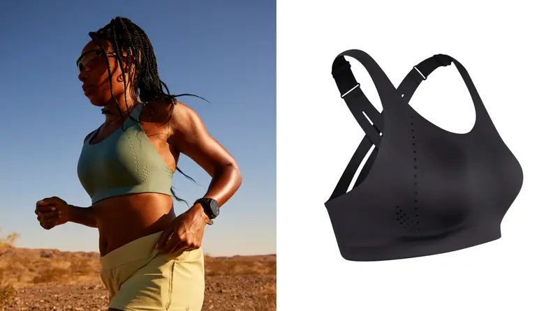 lefT: woman running in teal lululemon airsupport running bra. right: black airsupport running bra on white background.