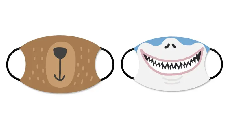 Two custom printed masks in a bear and a smiling shark print.