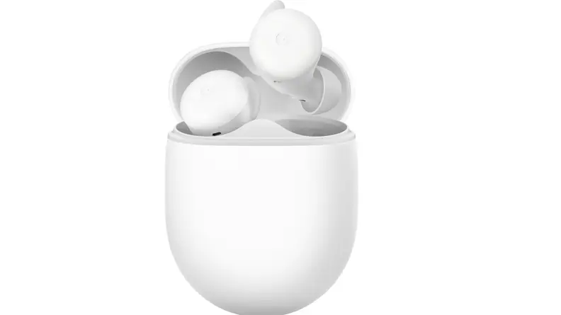 A pair of white Google Pixel Buds A Series on a white background.