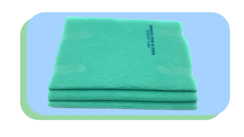 Stack of three neon blue microfiber cloths folded into rectangles and stacked on top of each other.