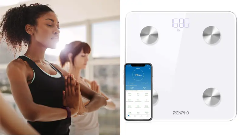 woman wearing a Fitbit doing yoga, renpho smart scale