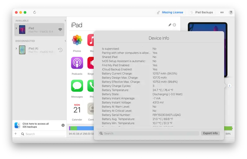 A screenshot of the information-dense panel within iMazing that'll show you everything you need to know about your device's battery, including number of lifetime cycles and current maximum capacity.