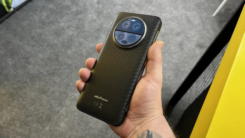 A hand holding the Ulefone Armor Ultra 23 at MWC 2024.