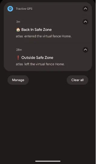 Screenshot showing when Tractive has left a designated zone.