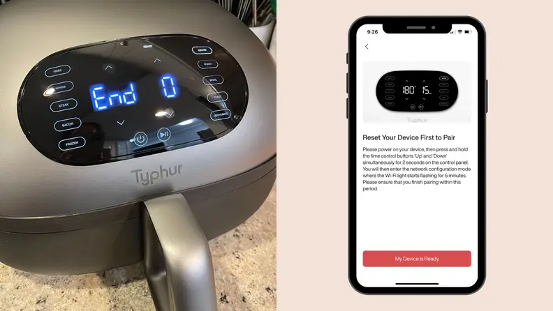 A close up of the control buttons for the Typhur Dome Air Fryer and a smart phone the right, featuring the Typhur Dome Air Fryer app.