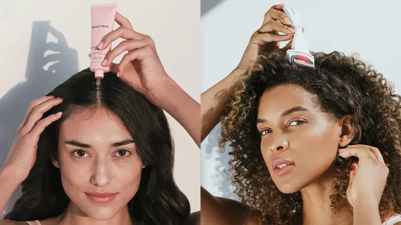 On the left: A model with long dark hair parted down the middle holds a pink squeeze tube over her hair. On the right: A model with dark curly hair holds the Beauty Bio roller over their hair.