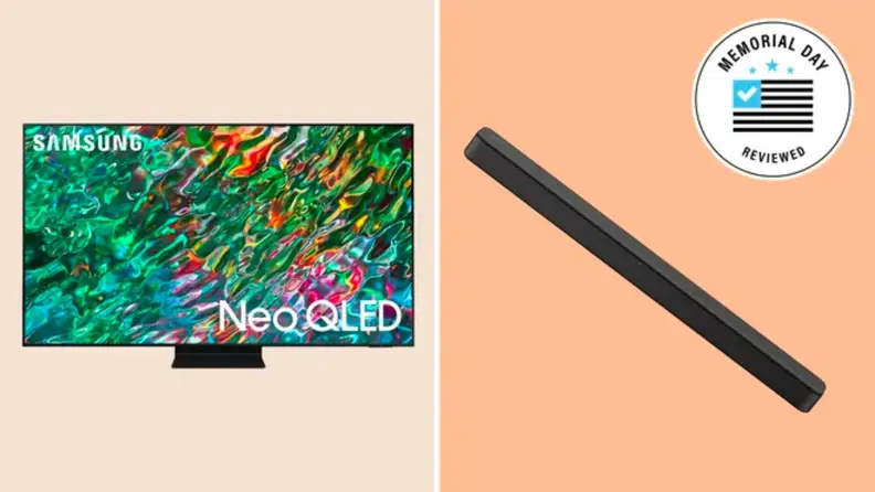 A Samsung Neo QLED TV shown next to a sound bar.