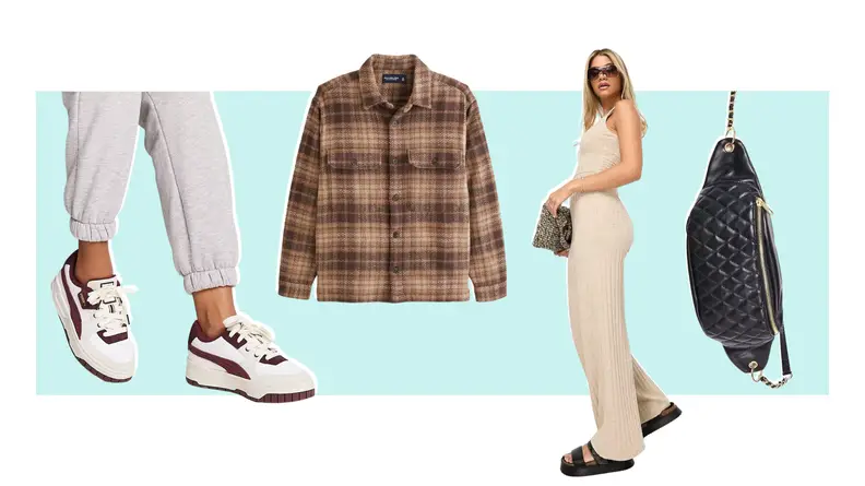 A model wearing white sneakers with red details, a flannel men's shirt, a model wearing a tan jumpsuit, and a black quilted leather crossbody bag.