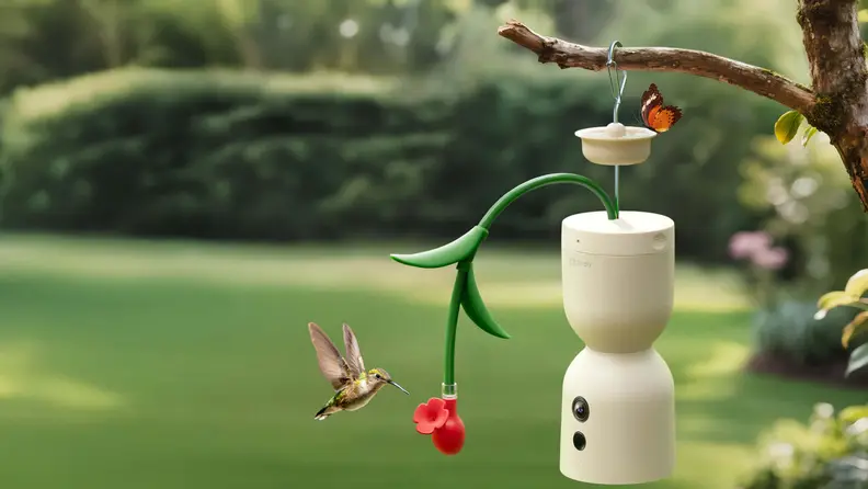 A hummingbird hovers near a flower-shaped feeder attached to a smart bird feeder with a built-in camera, hanging from a tree branch.