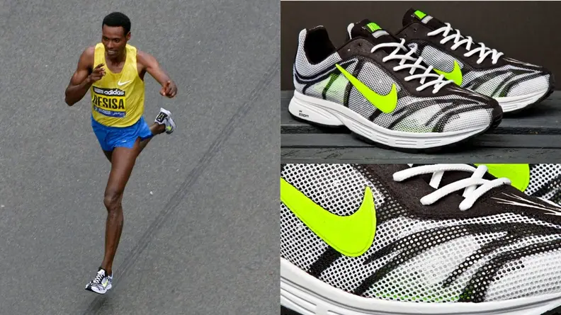 Lelisa Desisa running in a pair of Nike Zoom Streak 3 running shoes at the 2015 Boston Marathon.