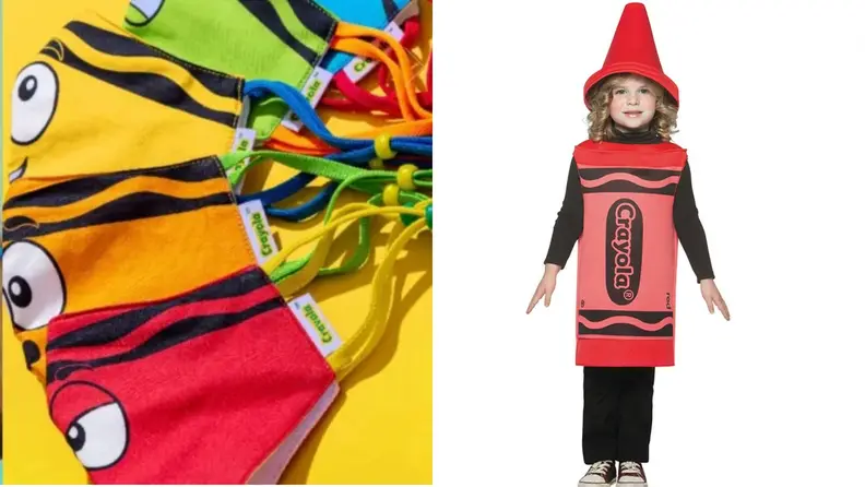 A pack of crayon-style masks and a child in a red crayon costume.