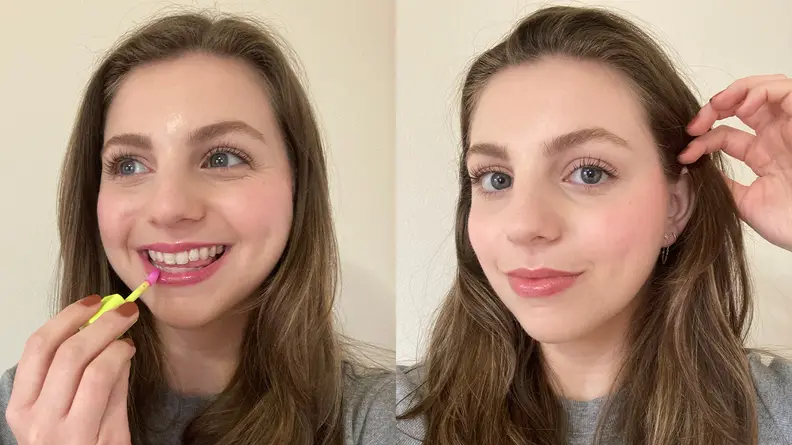 One image of tester Jessica Kasparian applying Youthforia lip gloss next to an 