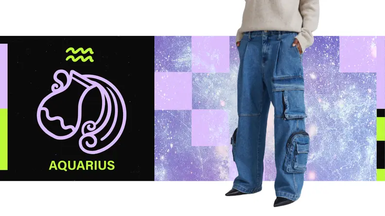 On the left is an illustration of the zodiac sign for Aquarius. On the right is TK.