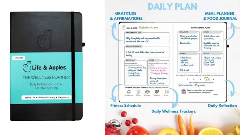 Left: The Life and Apples Wellness Planner. Right: A view of the daily page inside the Wellness Planner.